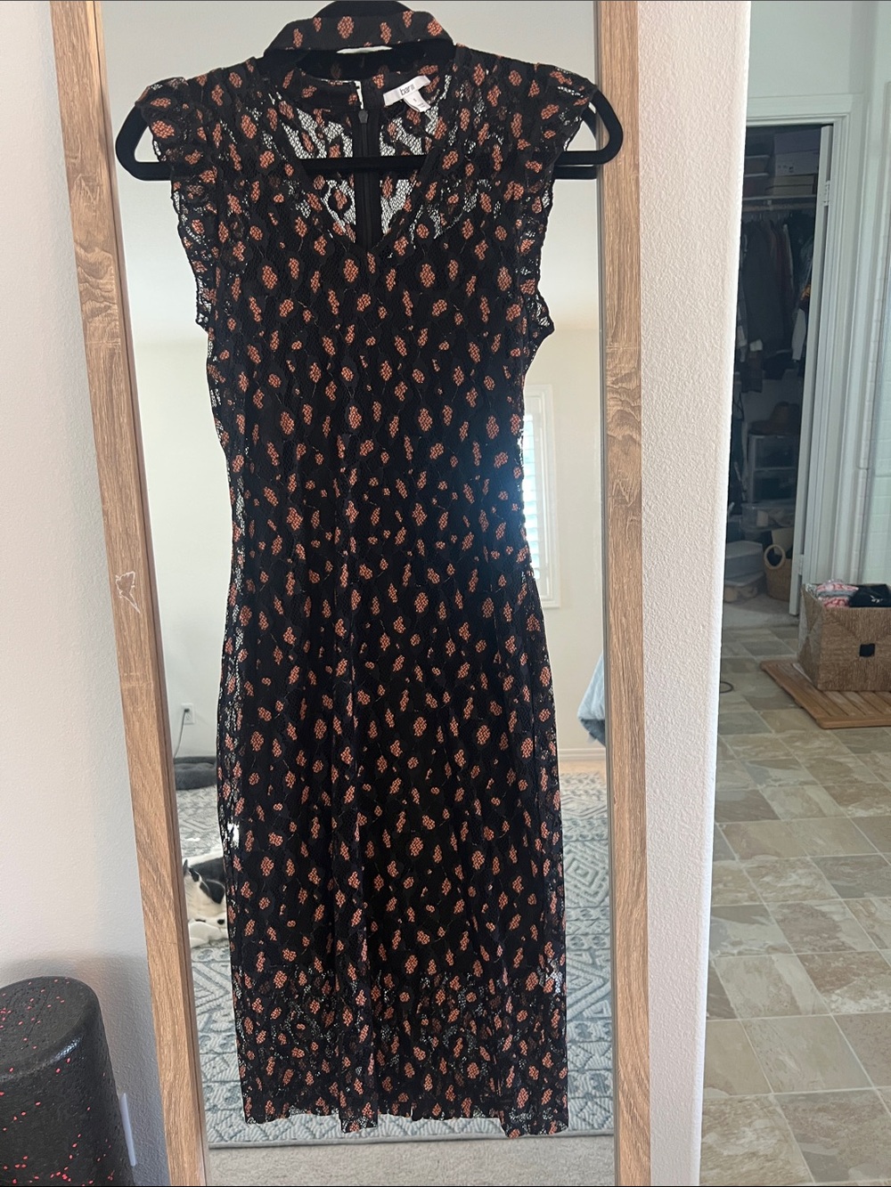 Bar III Black Midi Dress with Rust Floral Motif